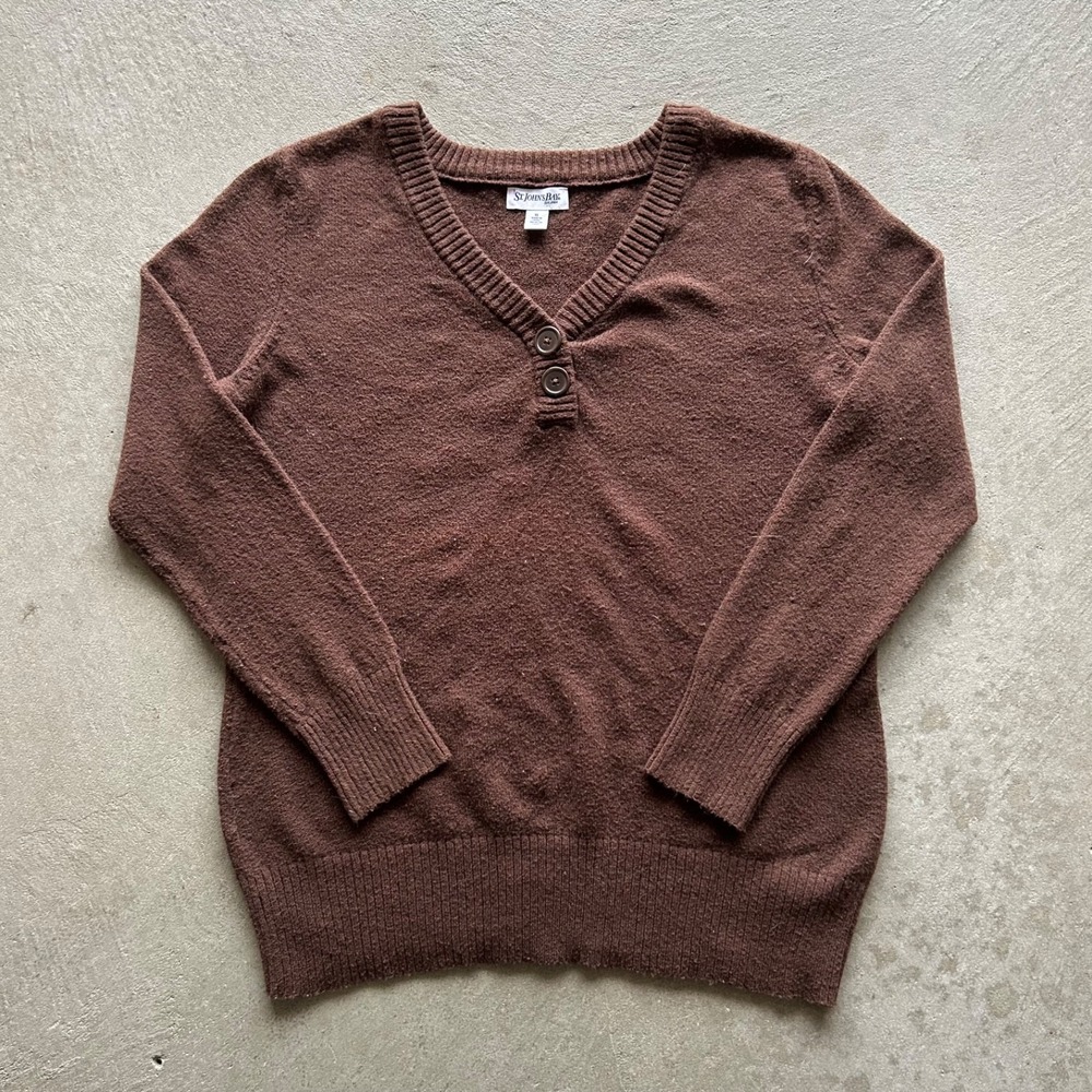 Vintage 90s St Johns Bay Henley Sweater Womens XL Brown V Neck Knit Pullover